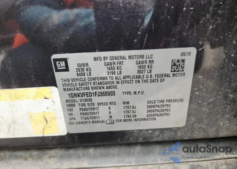 2015 Chevrolet Traverse Ls из США, поврежденный, VIN 1GNKVFED1FJ368903